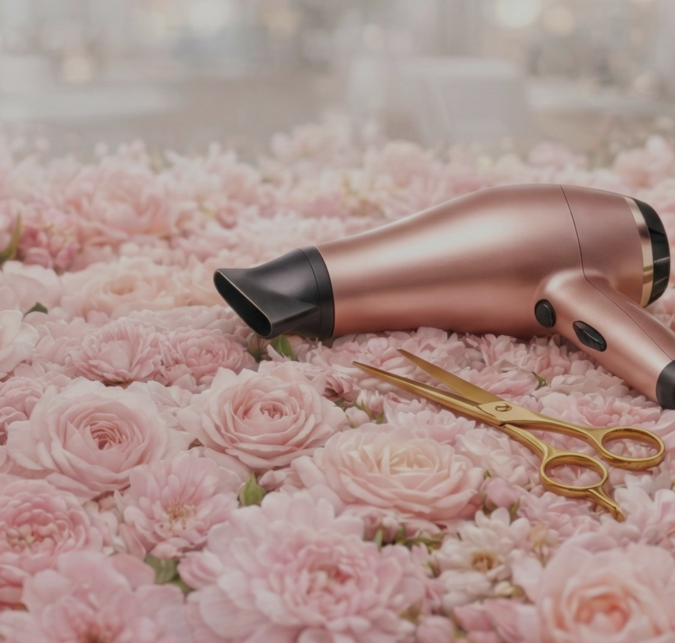 Sèche-cheveux rose gold et ciseaux dorés posés sur un lit de roses roses – coiffeuse visagiste à Proyart et à domicile
