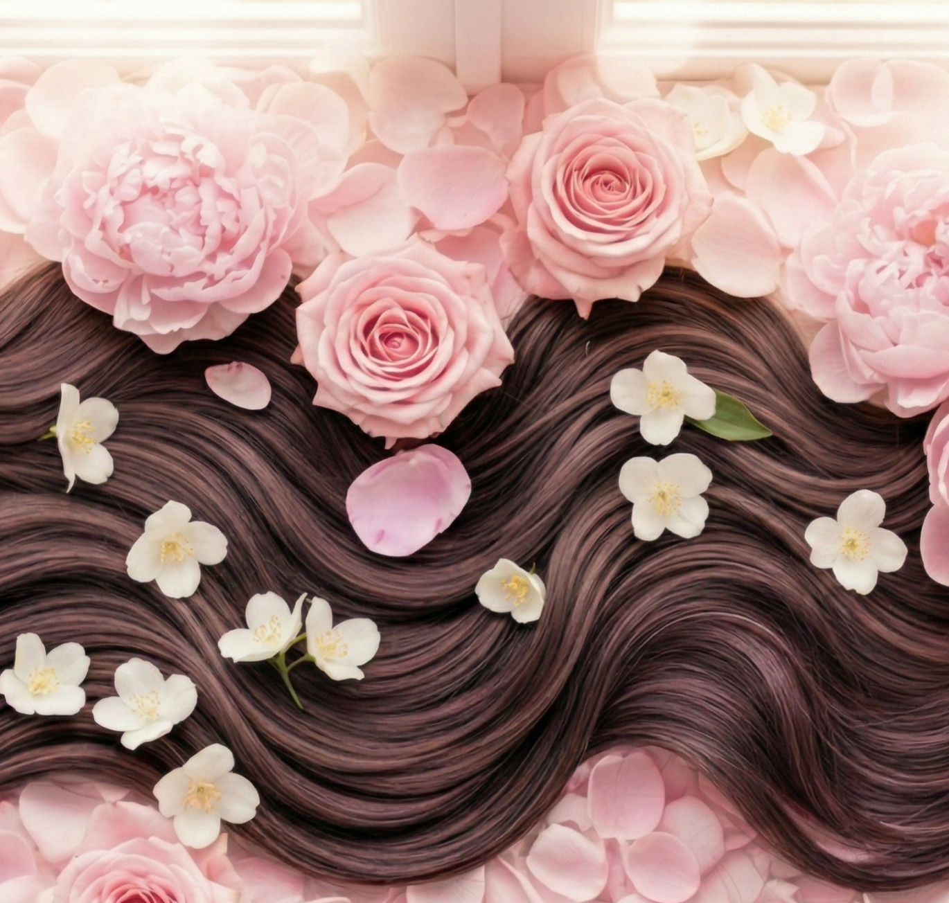 Chevelure brillante avec fleurs – illustration coloration et soin capillaire